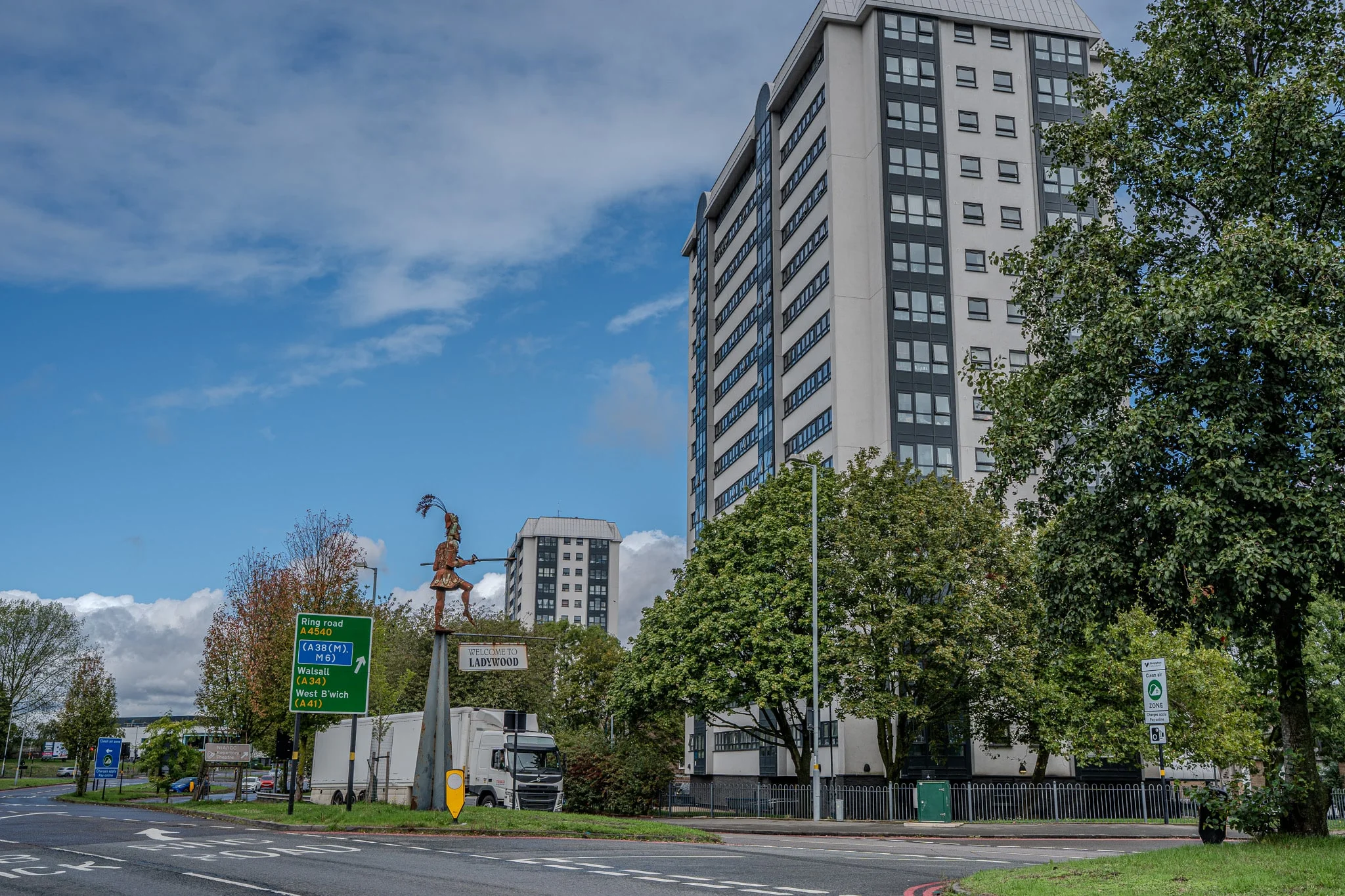 A roundabout beside tower blocks in Birmingham