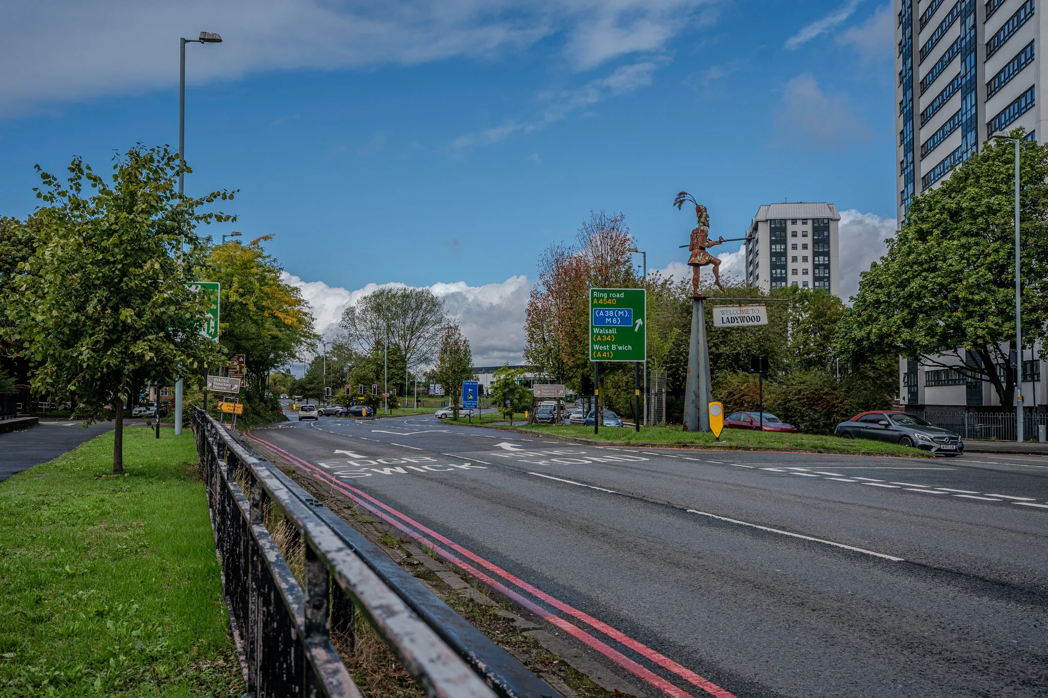 A dual carriageway leading to a roundabout in Birmingham