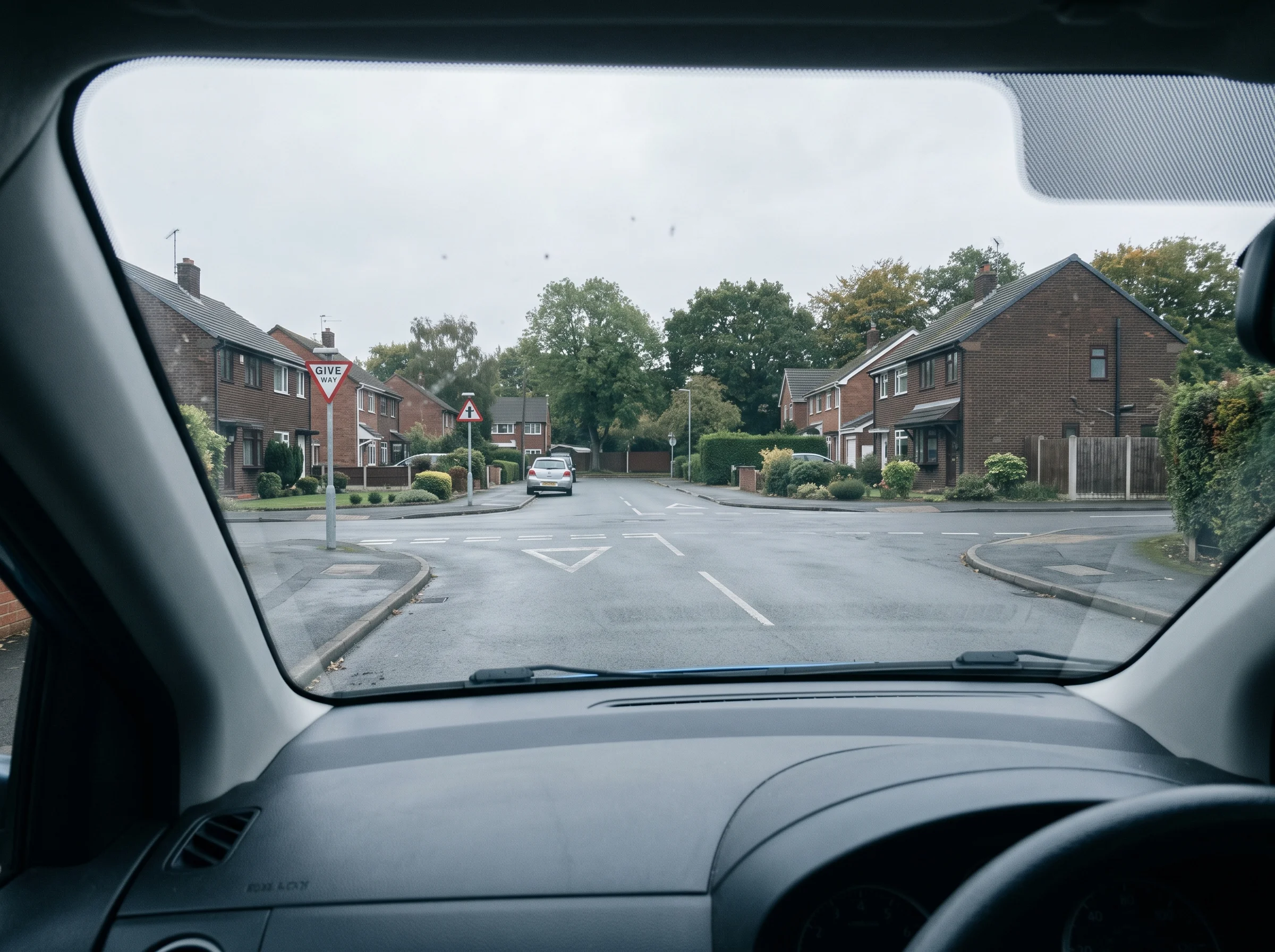 View through a learner car's windscreen of a quiet Birmingham junction with give-way lines and red-brick terraces under an overcast sky